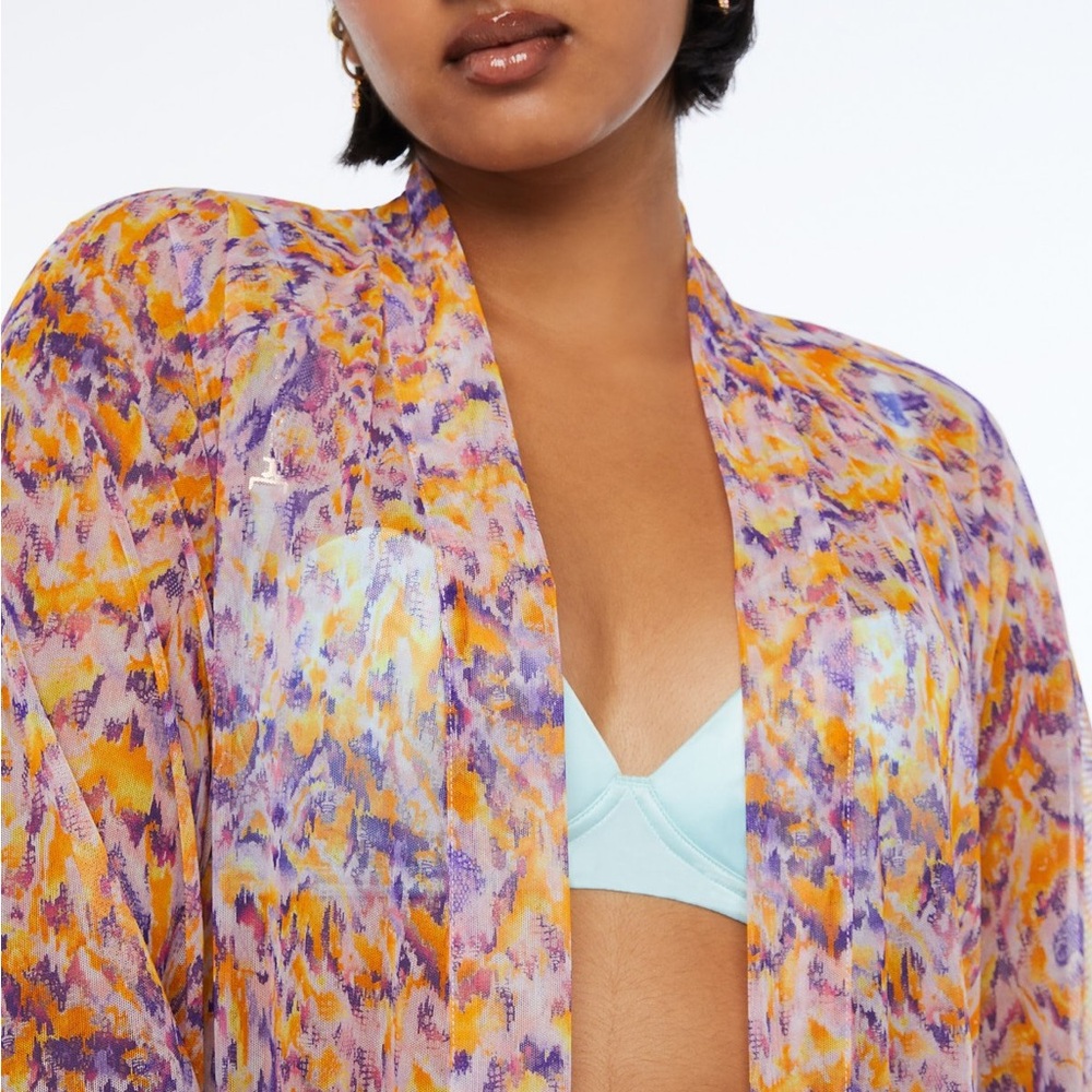 Savage X Fenty Cyber Cat Long Sheer Robe in Purple/Orange Print, SZ XS NWOT 🐱 - Picture 5 of 12
